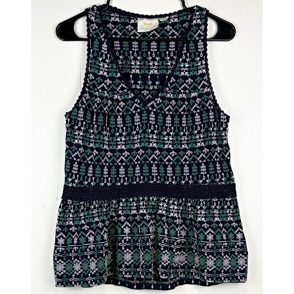 Anthropologie Maeve SM Blouse Sleeveless Embroidered Floral Navy Blue Peplum